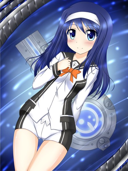Anime picture 1780x2373 with vividred operation futaba aoi (vividred operation) kakukaku (artist) single long hair tall image blush highres blue eyes blue hair girl shorts hairband