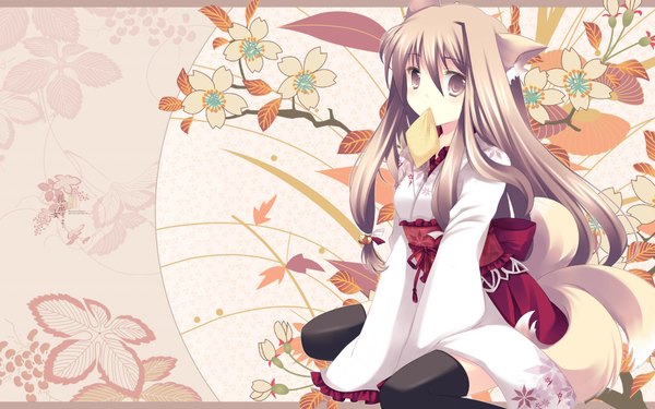 Anime picture 1920x1200 with original takase kanan single long hair blush highres brown hair wide image brown eyes animal ears japanese clothes cat ears mouth hold girl thighhighs flower (flowers) black thighhighs kimono obi