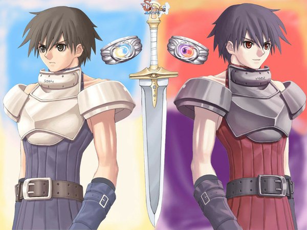 Anime picture 1024x768 with shining (series) shining tears xion magus tony taka short hair red eyes brown hair brown eyes purple hair copyright name third-party edit dual persona symmetry boy weapon sword bracelet belt armor