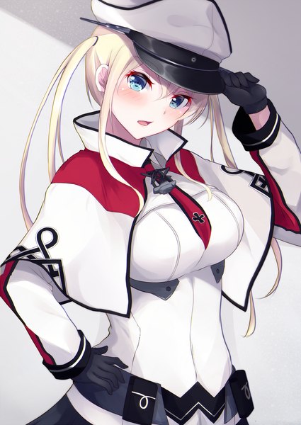 Anime picture 859x1214 with kantai collection graf zeppelin (kantai collection) igayan single long hair tall image looking at viewer blush fringe breasts open mouth blue eyes blonde hair simple background large breasts twintails head tilt arm up grey background shadow