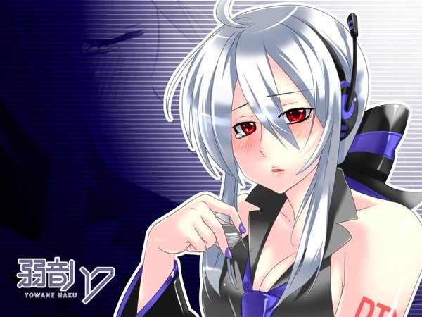 Anime picture 1600x1200 with vocaloid voyakiloid yowane haku caffein single highres breasts red eyes cleavage silver hair ahoge ponytail nail polish tears girl ribbon (ribbons) headphones
