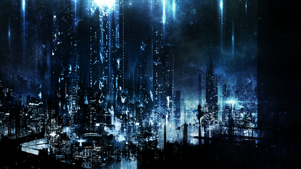 Anime picture 2560x1440 with vocaloid ia (vocaloid) c.c.r single highres wide image standing night night sky outstretched arm city cityscape city lights silhouette girl building (buildings) skyscraper