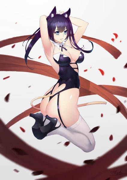 Anime picture 1748x2480 with original daye bie qia lian single long hair tall image fringe highres breasts blue eyes light erotic animal ears purple hair ass tail animal tail cat ears armpit (armpits) cat girl cat tail girl