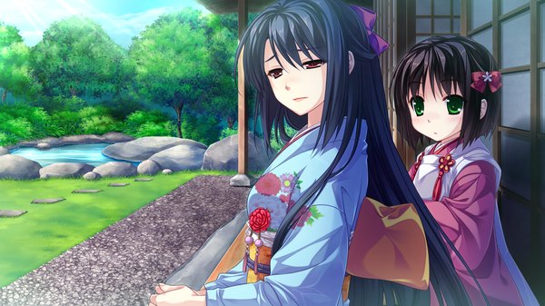 Anime picture 2048x1152 with tsukumo no kanade skyfish (studio) long hair highres short hair blue eyes black hair red eyes brown hair wide image multiple girls green eyes game cg traditional clothes japanese clothes girl 2 girls kimono child (children)