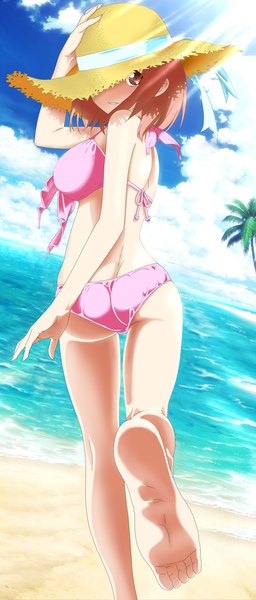 Anime picture 1070x2500 with hataraku maou-sama! white fox sasaki chiho hosoda naoto single tall image short hair light erotic brown hair brown eyes ass beach girl swimsuit hat bikini