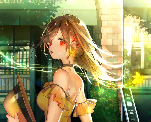 Anime picture 1300x1050 with original ayatoki-1 single long hair open mouth red eyes brown hair bare shoulders holding looking away upper body ahoge outdoors nail polish wind sweat turning head sweatdrop summer glow