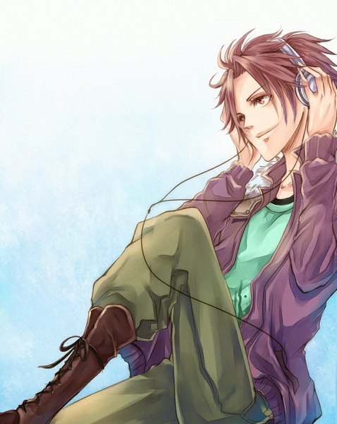 Anime picture 815x1022 with la corda d'oro etou kiriya tagme (artist) single tall image short hair simple background smile brown hair sitting light smile open clothes open jacket looking up lacing music boy jacket headphones fur
