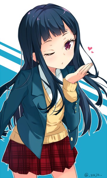 Anime picture 700x1166 with tokyo 7th sisters tendouji musubi mimura zaja single long hair tall image looking at viewer fringe black hair simple background purple eyes signed blunt bangs one eye closed from above wink twitter username blown kiss girl uniform