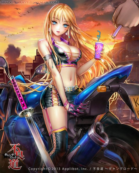 Anime picture 720x900 with furyou michi ~gang road~ shadowgrave long hair tall image breasts blue eyes light erotic blonde hair large breasts holding sky cleavage cloud (clouds) outdoors parted lips arm support official art bare belly midriff facial mark