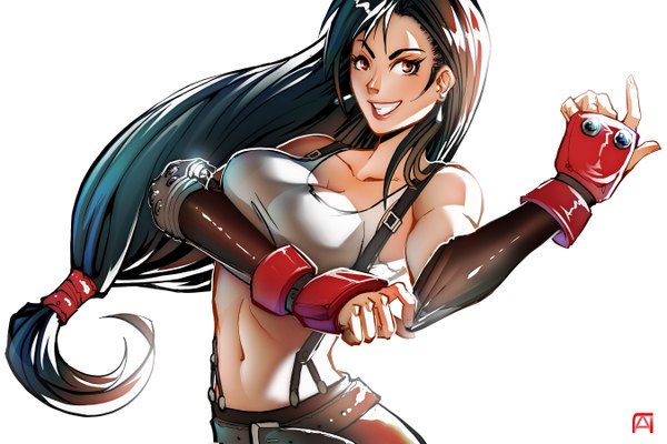 Anime picture 2700x1800 with final fantasy final fantasy vii square enix tifa lockhart pechan (artist) single long hair looking at viewer highres breasts black hair simple background smile large breasts white background orange eyes girl gloves navel earrings