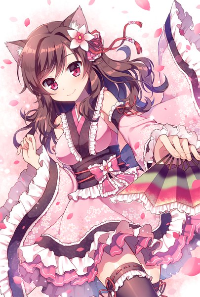 Anime picture 839x1242 with original mauve single long hair tall image looking at viewer red eyes brown hair animal ears tail traditional clothes japanese clothes animal tail cat ears cat girl cat tail girl thighhighs black thighhighs petals