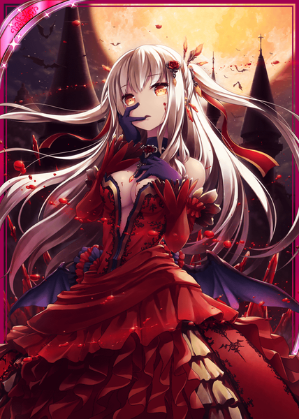 Anime picture 640x896 with shinkai no valkyrie vampire victoria (shinkai no valkyrie) akkijin single long hair tall image looking at viewer fringe breasts light erotic blonde hair twintails night orange eyes hand on chest framed bat wings hand on face center opening blood on face