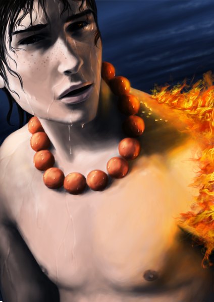 Anime picture 3508x4961 with one piece toei animation portgas d. ace tesorone single tall image highres short hair open mouth black hair brown eyes absurdres realistic wet topless freckles boy beads fire