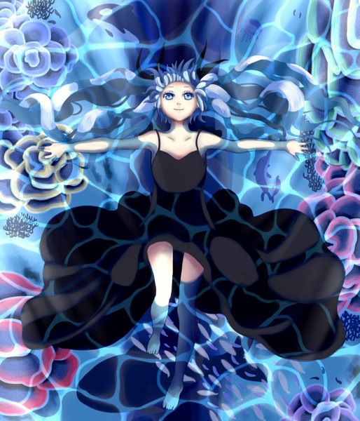 Anime picture 1200x1400 with vocaloid shinkai shoujo (vocaloid) hatsune miku xyomouse single long hair tall image blue eyes blue hair legs girl water sundress fish (fishes)