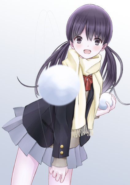 Anime picture 827x1169 with original chikuwa (odennabe) single long hair tall image looking at viewer blush open mouth black hair simple background standing twintails pleated skirt black eyes blurry grey background winter close-up girl skirt