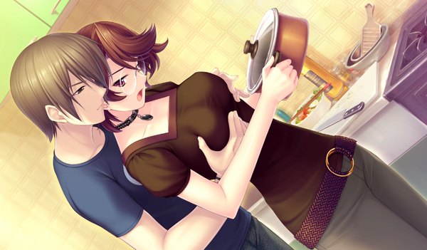 Anime picture 1024x600 with kimi ga ita kisetsu short hair open mouth light erotic brown hair wide image brown eyes game cg couple breast grab girl boy glasses