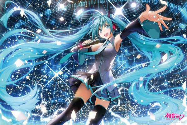 Anime picture 886x591 with vocaloid hatsune miku komecchi single looking at viewer twintails ahoge very long hair aqua eyes aqua hair from below armpit (armpits) outstretched arm singing girl thighhighs black thighhighs detached sleeves necktie headphones