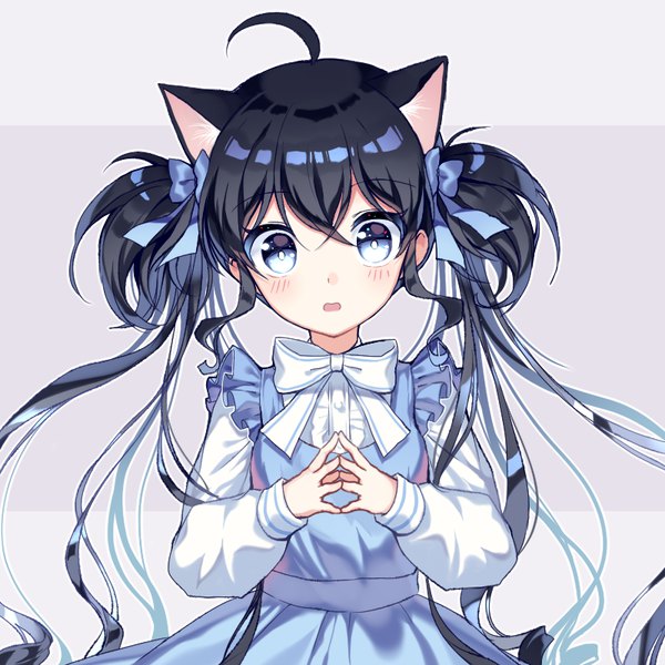 Anime picture 800x800 with original mechuragi single long hair looking at viewer blush open mouth blue eyes black hair twintails animal ears upper body cat ears cat girl multicolored eyes cute fingers together girl ribbon (ribbons) hair ribbon