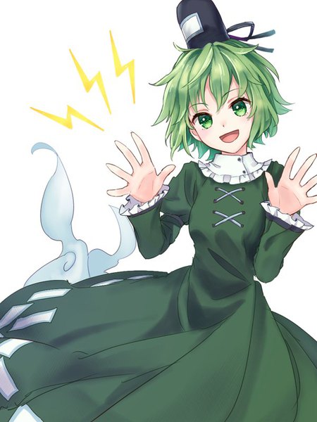 Anime picture 600x800 with touhou soga no tojiko akidzuki haruhi single tall image looking at viewer short hair open mouth simple background white background green eyes head tilt :d green hair girl dress hat green dress