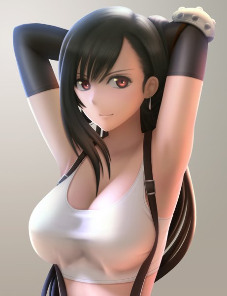 Anime picture 1000x1300 with final fantasy final fantasy vii square enix tifa lockhart siraha single long hair tall image looking at viewer fringe breasts light erotic simple background brown hair large breasts realistic arms up arms behind head girl gloves
