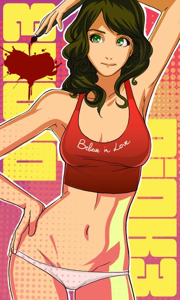 Anime picture 600x1000 with djok3 (artist) single long hair tall image breasts light erotic green eyes looking away green hair bare belly armpit (armpits) hand on hip girl navel underwear panties t-shirt