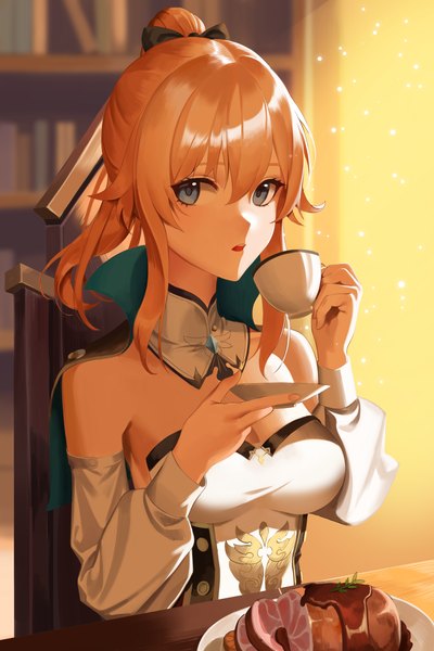 Anime picture 3000x4500 with genshin impact jean gunnhildr re-leaf single long hair tall image looking at viewer fringe highres open mouth blue eyes blonde hair hair between eyes sitting ponytail indoors girl detached sleeves food detached collar