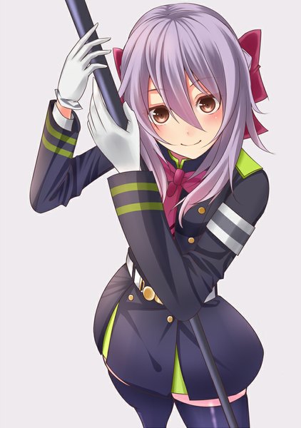 Anime picture 704x1000 with owari no seraph wit studio hiiragi shinoa hamizu single long hair tall image looking at viewer blush smile hair between eyes brown eyes purple hair girl thighhighs gloves bow black thighhighs hair bow white gloves