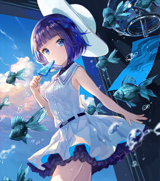 Anime picture 1056x1200 with original fuzichoco single tall image looking at viewer fringe short hair blue eyes standing holding sky purple hair cloud (clouds) blunt bangs from below sleeveless girl dress hat animal