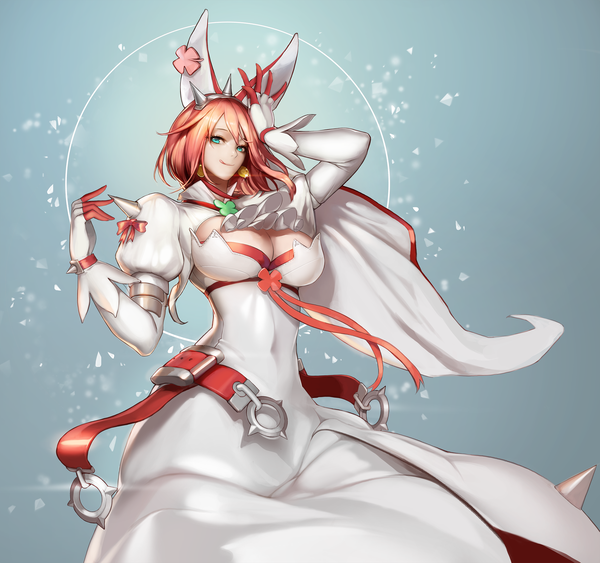 Anime picture 2362x2220 with guilty gear guilty gear xrd elphelt valentine monaim single looking at viewer highres short hair breasts light erotic simple background large breasts green eyes pink hair cleavage light smile hand on head :q girl dress
