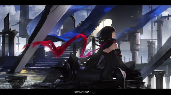 Anime picture 1488x827 with original pixiv fantasia pixiv fantasia t paradise (character) swd3e2 single long hair black hair wide image sitting brown eyes looking away girl dress weapon scarf