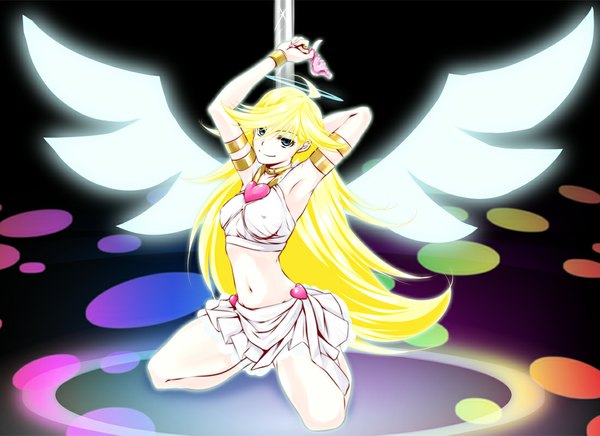 Anime picture 1100x800 with panty & stocking with garterbelt anarchy panty k2isu long hair blue eyes light erotic blonde hair midriff girl navel wings heart