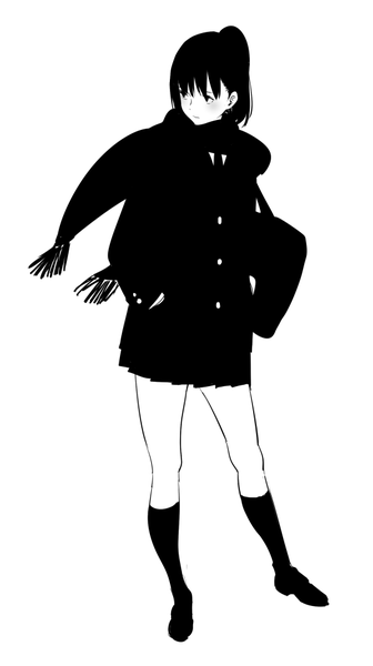 Anime picture 560x1000 with original tsukino wagamo single long hair tall image fringe simple background standing looking away ponytail pleated skirt wind monochrome hands in pockets girl skirt uniform school uniform socks shoes