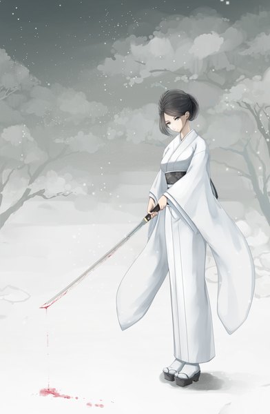 Anime picture 1100x1683 with original kikivi single tall image looking at viewer black hair standing full body outdoors traditional clothes head tilt japanese clothes black eyes wide sleeves snowing winter snow bloody weapon girl weapon