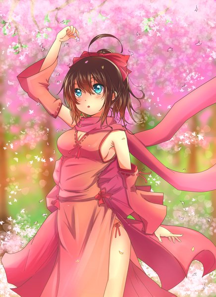 Anime picture 1700x2339 with odamanoe single tall image blush short hair open mouth blue eyes brown hair cleavage cherry blossoms girl dress ribbon (ribbons) hair ribbon scarf