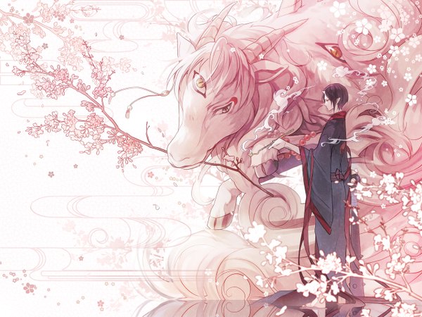 Anime picture 1280x960 with hoozuki no reitetsu wit studio hoozuki (hoozuki no reitetsu) hakutaku (hoozuki no reitetsu) short hair black hair standing holding traditional clothes japanese clothes horn (horns) pointy ears mouth hold cherry blossoms reflection smoke demon eyes boy flower (flowers)
