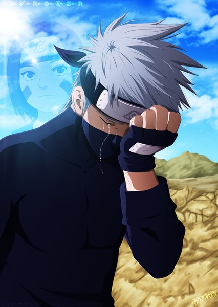 Anime picture 1620x2283 with naruto studio pierrot naruto (series) hatake kakashi nohara rin naruto999-by-roker tall image short hair black hair smile sky cloud (clouds) grey hair sunlight tears coloring mountain crying transparent girl