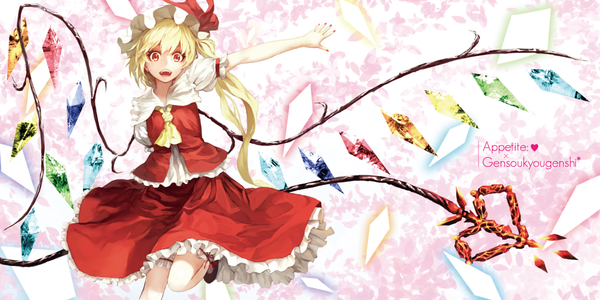 Anime picture 1021x512 with touhou flandre scarlet benitama single short hair open mouth blonde hair red eyes wide image one side up girl dress skirt weapon wings bonnet skirt set crystal laevatein (touhou)