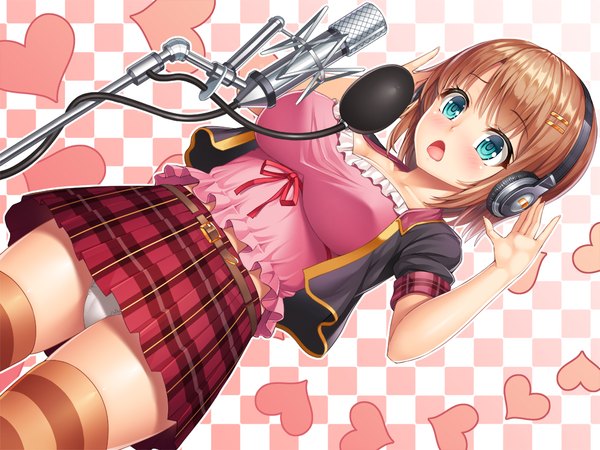 Anime picture 1024x768 with original lambda (kusowarota) single long hair blush open mouth light erotic brown hair pleated skirt aqua eyes from below dutch angle pantyshot checkered checkered background singing girl thighhighs skirt underwear