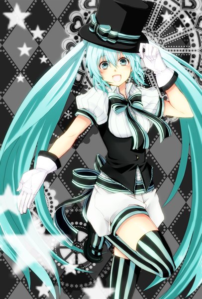 Anime picture 1150x1700 with vocaloid hatsune miku revery earth (artist) single tall image open mouth twintails very long hair aqua eyes aqua hair girl thighhighs gloves bow hat striped thighhighs top hat