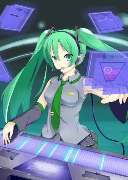 Anime picture 2507x3541 with vocaloid hatsune miku karakura0 single long hair tall image looking at viewer highres open mouth smile twintails bare shoulders green eyes green hair tattoo girl detached sleeves headphones microphone synthesizer
