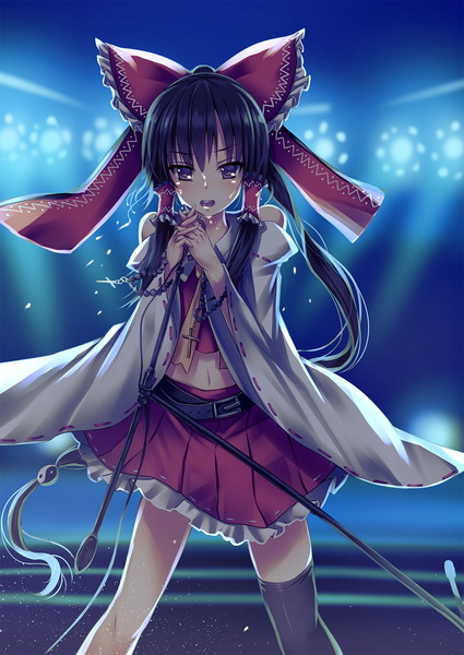 Anime picture 1031x1457 with touhou hakurei reimu toritori (yakitoriya) single long hair tall image blush open mouth black hair brown eyes traditional clothes miko girl thighhighs skirt bow black thighhighs hair bow detached sleeves skirt set