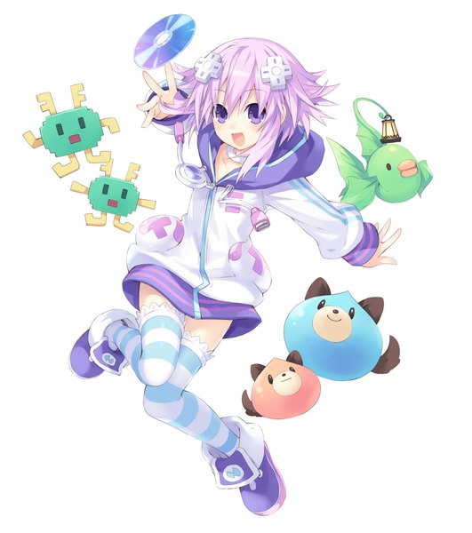 Anime picture 3542x4000 with choujigen game neptune neptune (choujigen game neptune) tsunako single long hair tall image looking at viewer blush fringe highres open mouth simple background smile hair between eyes white background purple eyes payot absurdres purple hair bent knee (knees)