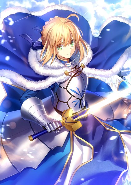 Anime picture 1070x1506 with fate (series) fate/stay night artoria pendragon (all) saber fuyuki (neigedhiver) single tall image looking at viewer fringe short hair blonde hair hair between eyes green eyes payot sky ahoge from above >:) girl dress