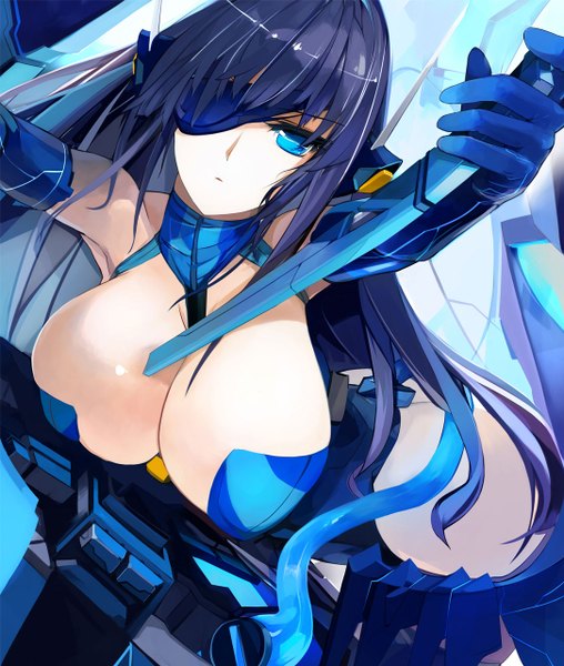 Anime picture 1084x1280 with original pupps single long hair tall image breasts blue eyes light erotic large breasts cleavage purple hair girl weapon eyepatch