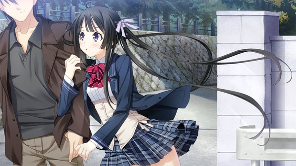 Anime picture 1280x720 with hotch kiss giga sumiyoshi nana mikoto akemi long hair blush black hair wide image purple eyes twintails game cg girl boy skirt uniform ribbon (ribbons) hair ribbon school uniform miniskirt