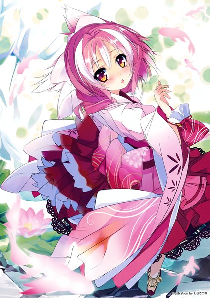 Anime picture 2469x3500 with original shirokitsune single tall image looking at viewer blush highres short hair open mouth brown eyes animal ears pink hair traditional clothes japanese clothes multicolored hair scan two-tone hair streaked hair girl flower (flowers)