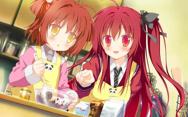 Anime picture 2048x1280 with astralair no shiroki towa tachibana ochiba shida kazuhiro long hair blush highres short hair open mouth red eyes multiple girls yellow eyes game cg red hair one side up cooking girl uniform bow 2 girls hair bow