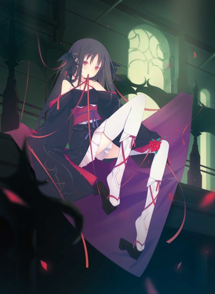 Anime picture 1872x2560 with machine-doll wa kizutsukanai yaya (machine-doll) ruroo single long hair tall image highres black hair red eyes holding traditional clothes japanese clothes mouth hold ribbon in mouth girl thighhighs ribbon (ribbons) white thighhighs kimono