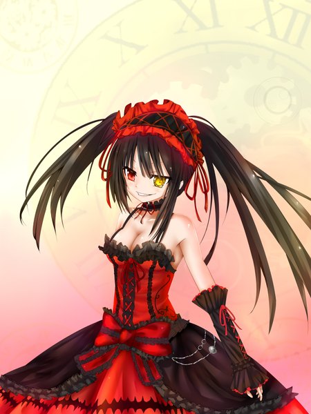 Anime picture 3240x4320 with date a live tokisaki kurumi inorin single long hair tall image highres black hair smile twintails absurdres heterochromia uneven twintails girl dress detached sleeves frills headdress