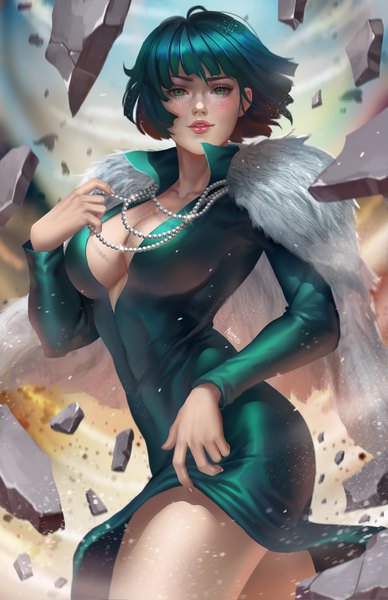 Anime picture 3300x5100 with one-punch man madhouse fubuki (one-punch man) nopeys single tall image looking at viewer blush fringe highres short hair breasts light erotic large breasts standing holding green eyes signed absurdres cleavage